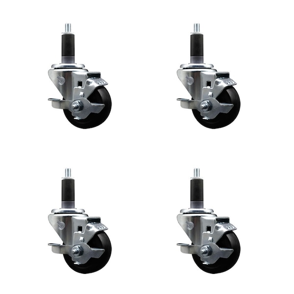 3'' Hard Rubber Swivel 1-1/8'' Expanding Stem Caster Set with Brake, 4PK